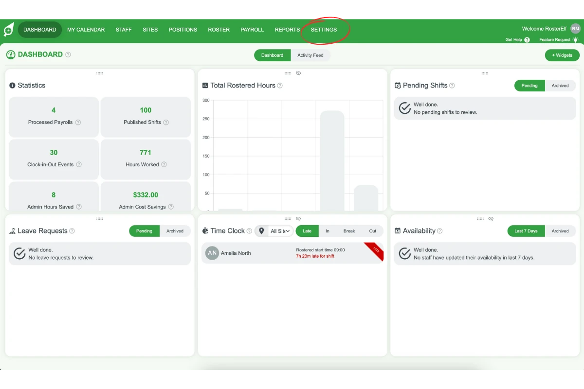 RosterElf settings menu