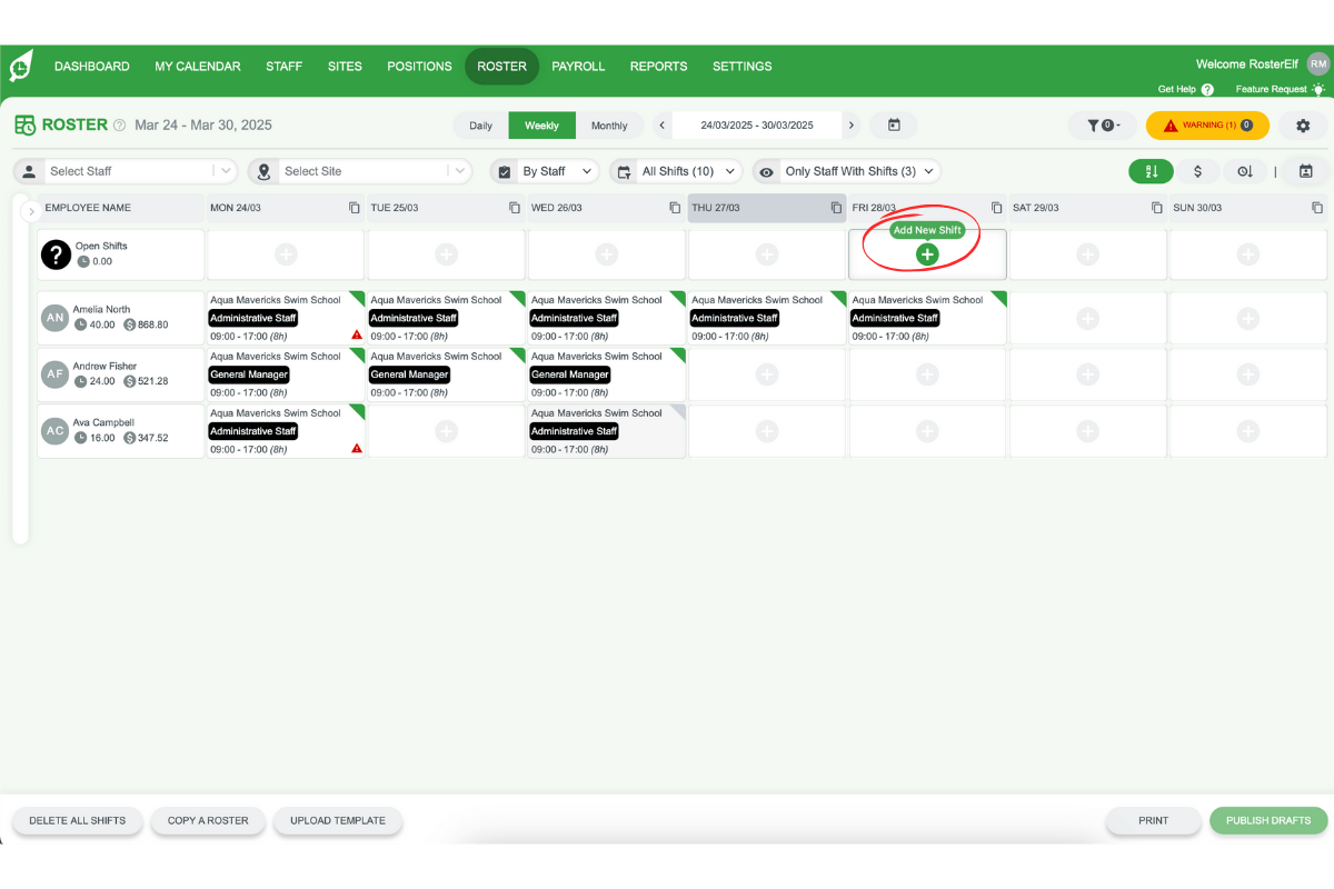 Plus symbol to add new shift