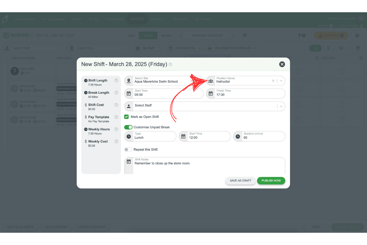 Position selection for open shift