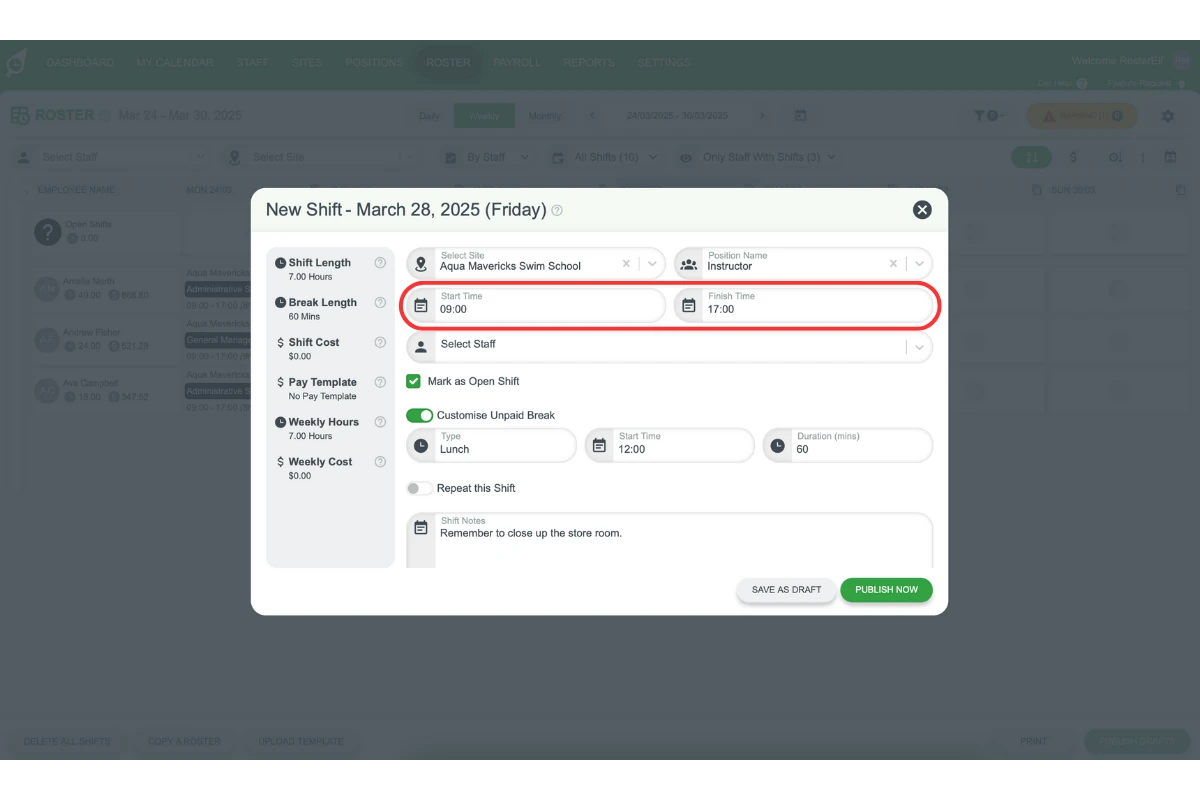 Start and end time fields for open shift
