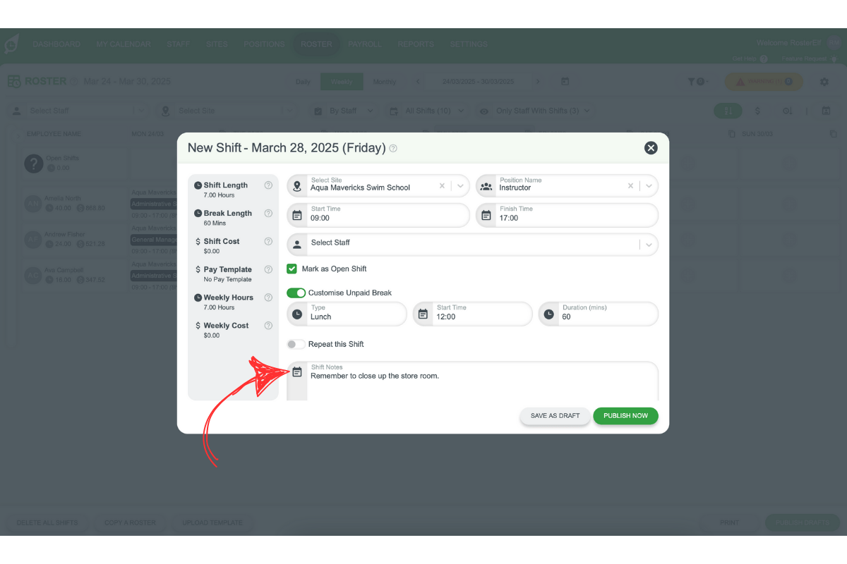 Shift note field for open shift