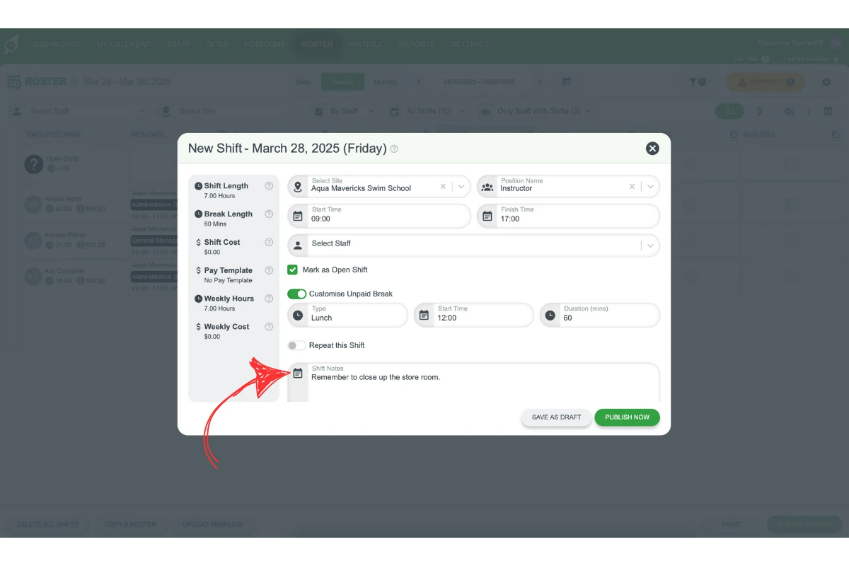 Shift note field for open shift