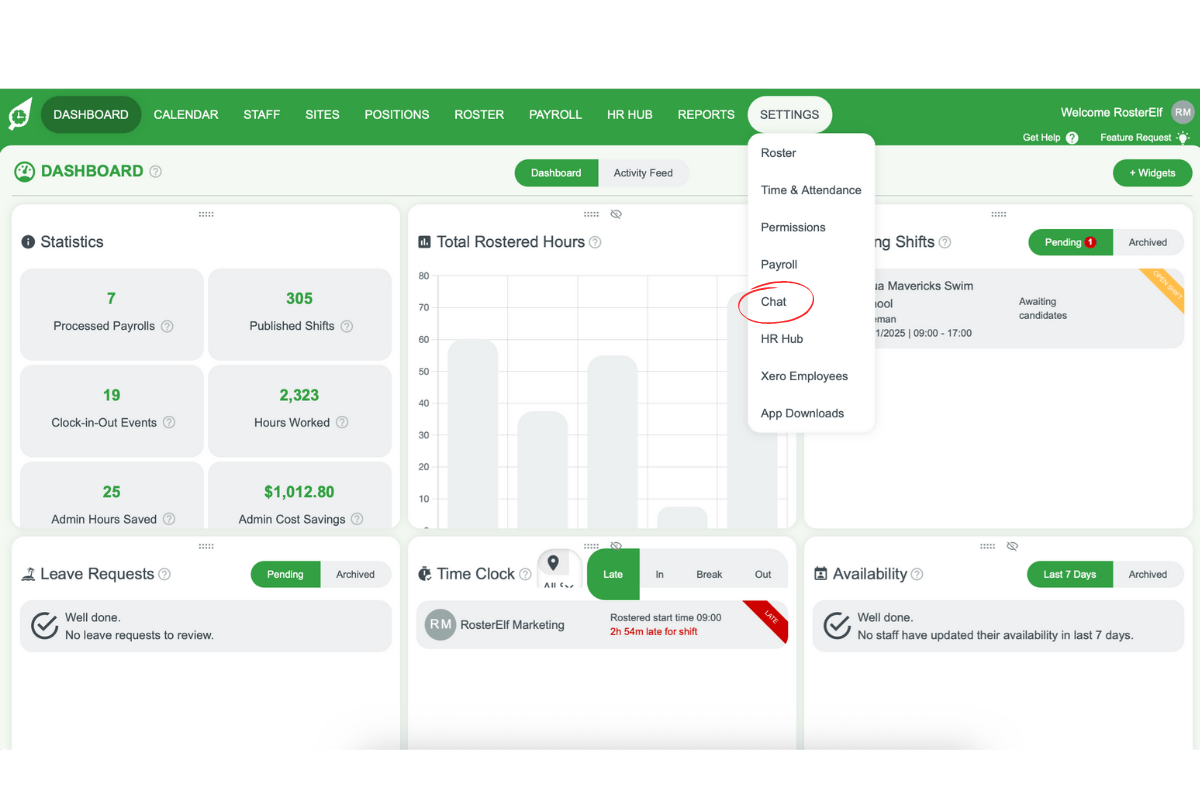 RosterElf settings menu with Chat option