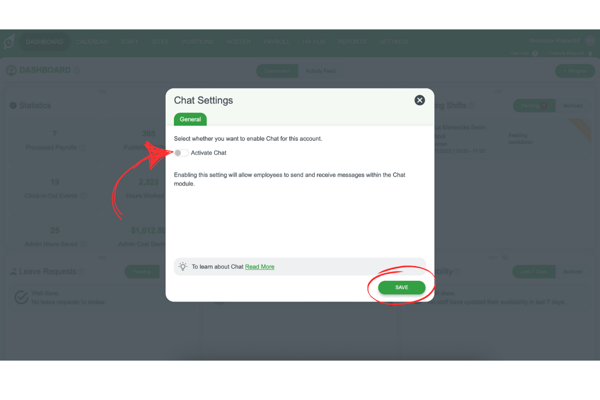 Chat settings modal with Enable chat toggle