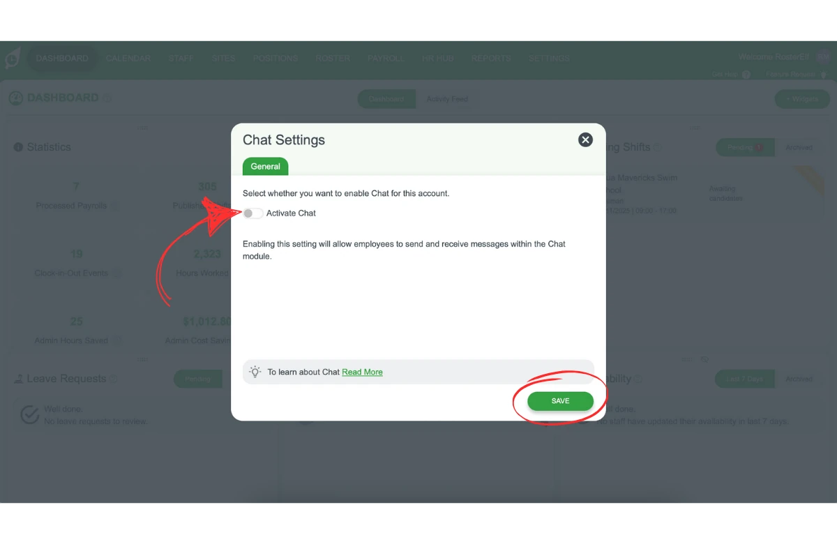 Chat settings modal with Enable chat toggle