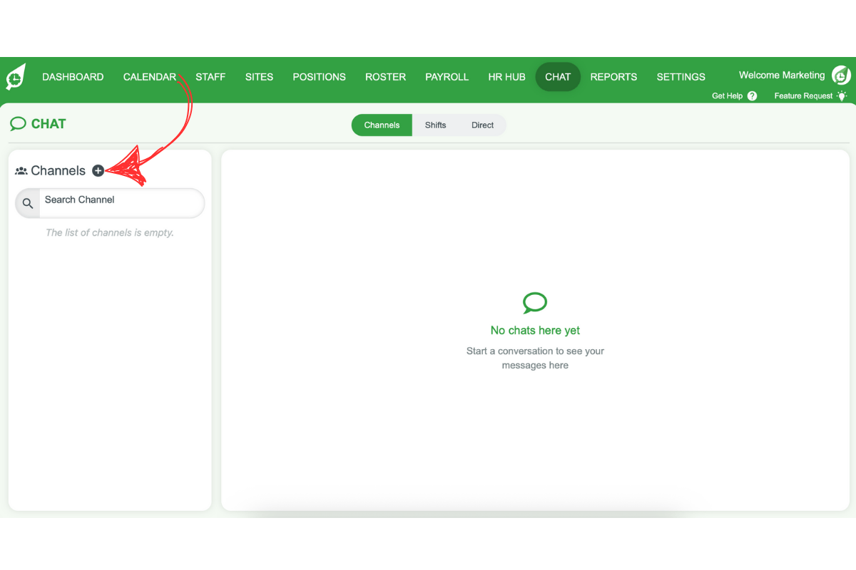 Chat panel with plus icon to add new channel