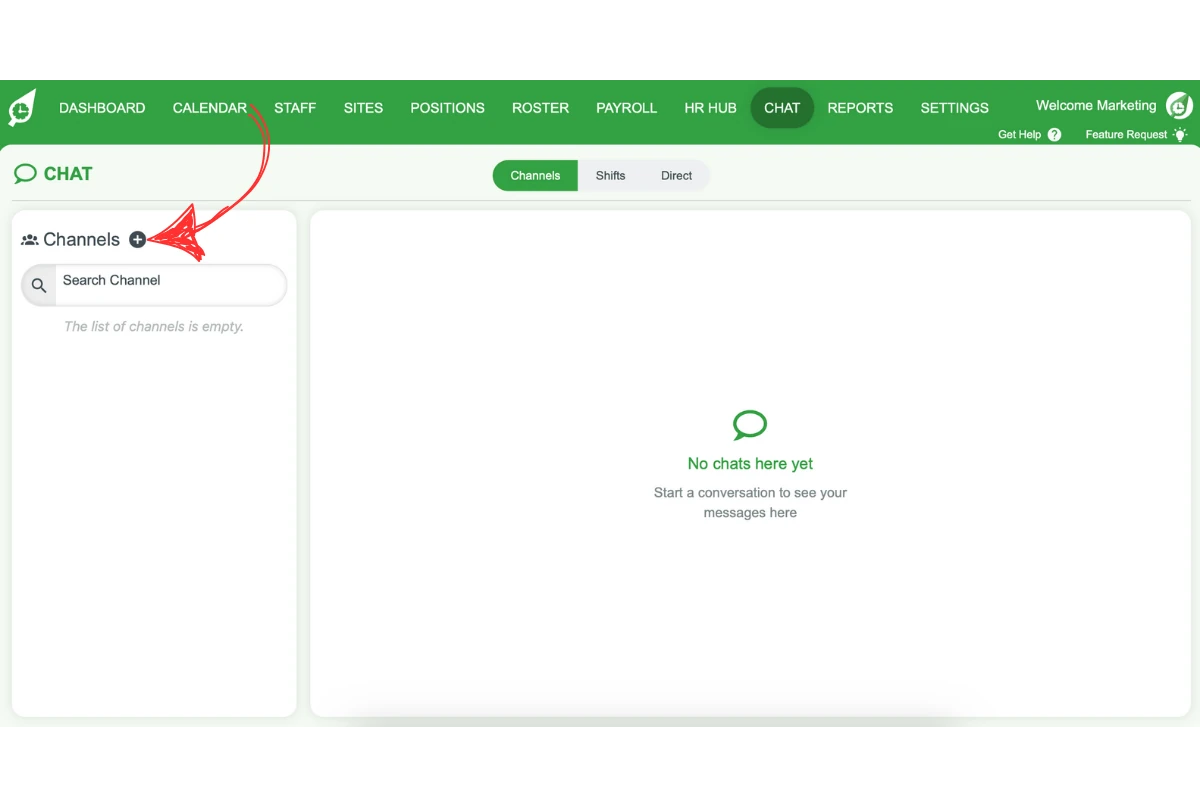 Chat panel with plus icon to add new channel