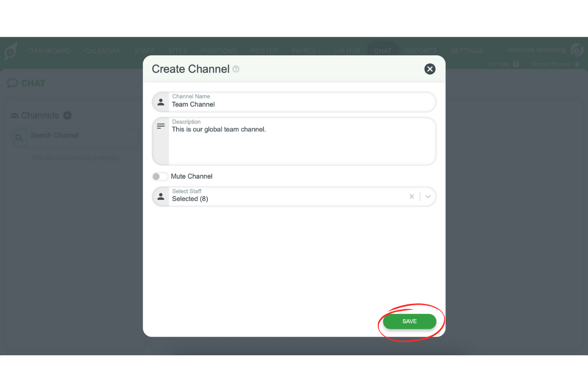 Create Channel modal with fields