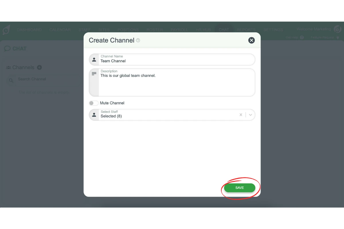 Create Channel modal with fields