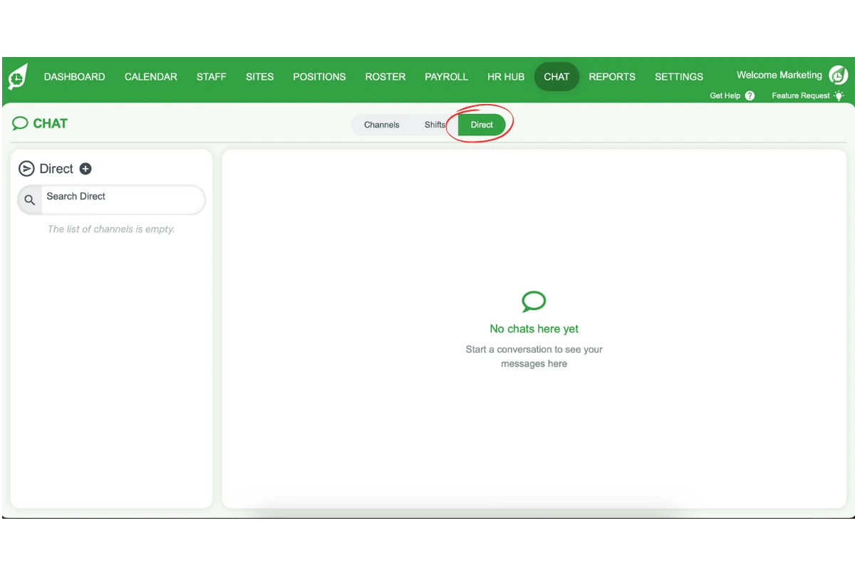 Direct chat tab selected
