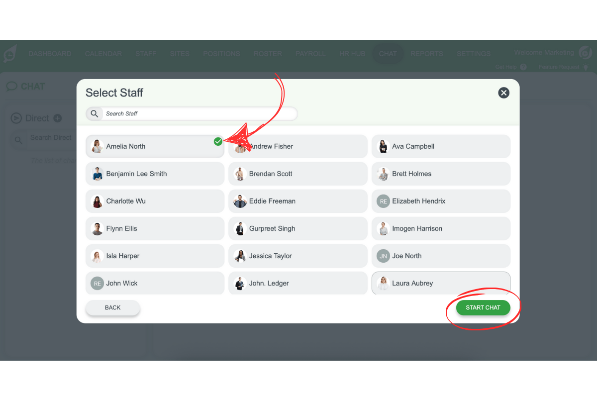 Staff selection screen for direct chat