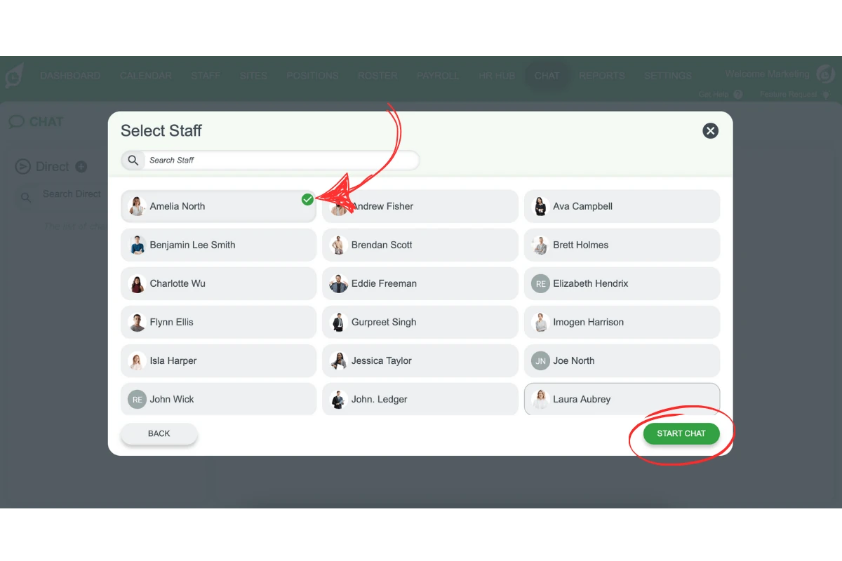 Staff selection screen for direct chat