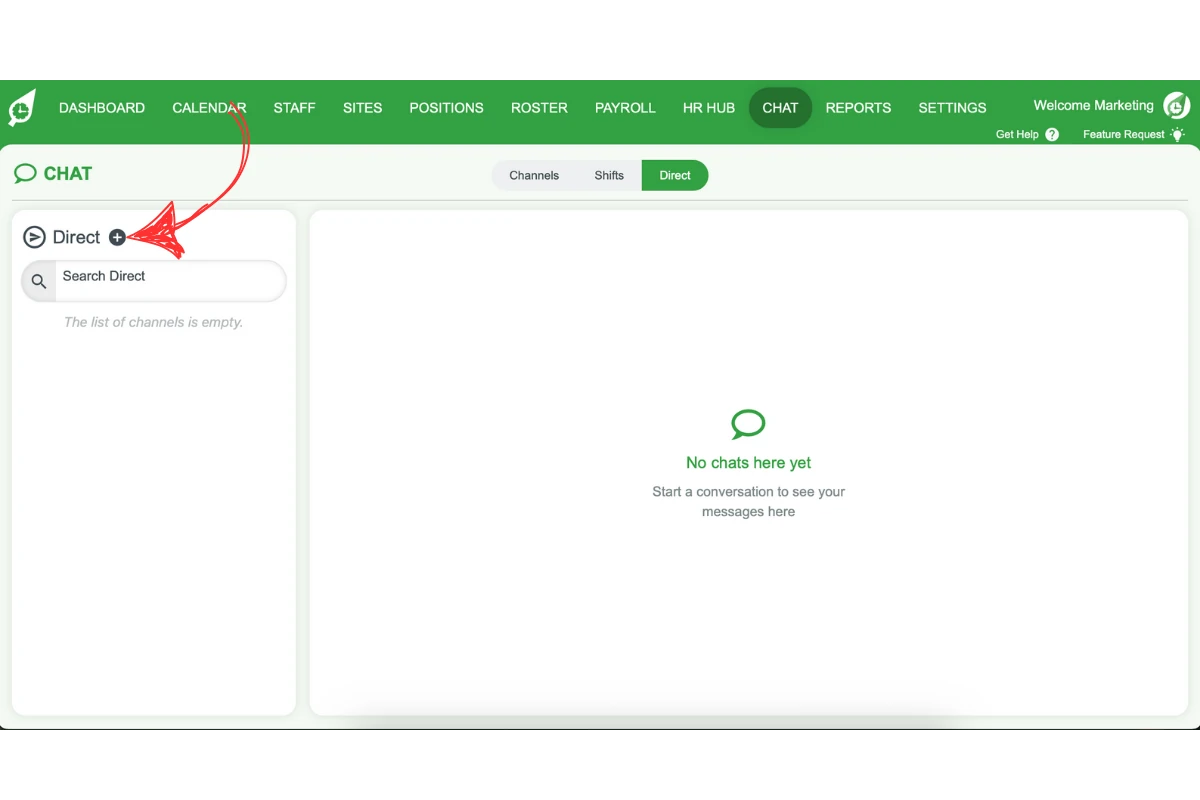 Direct chat panel with plus icon