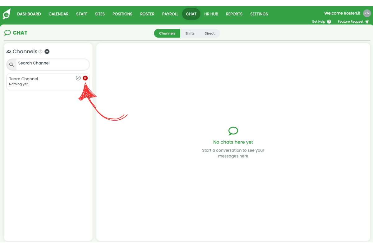 Channel list showing Delete x icon