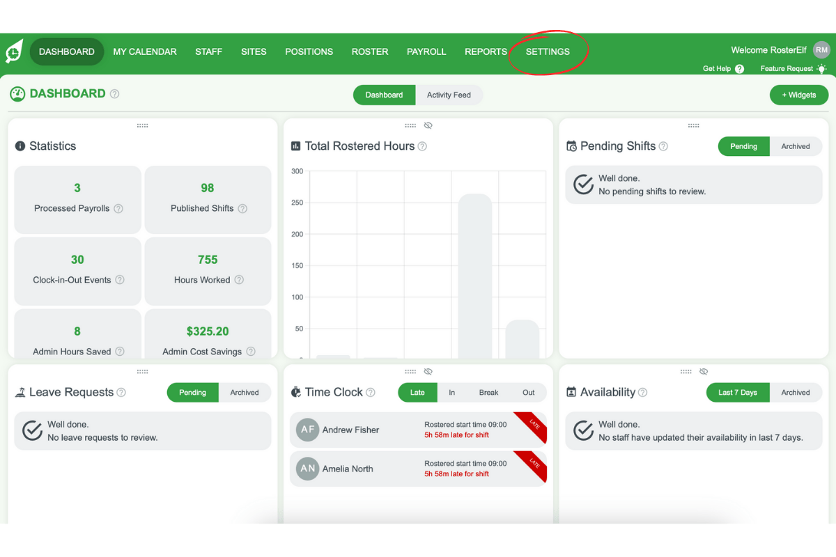 RosterElf settings tab in the top menu