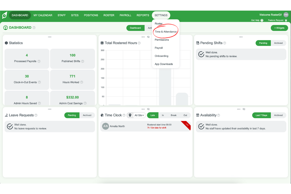 Selecting Time & Attendance from the dropdown menu in RosterElf