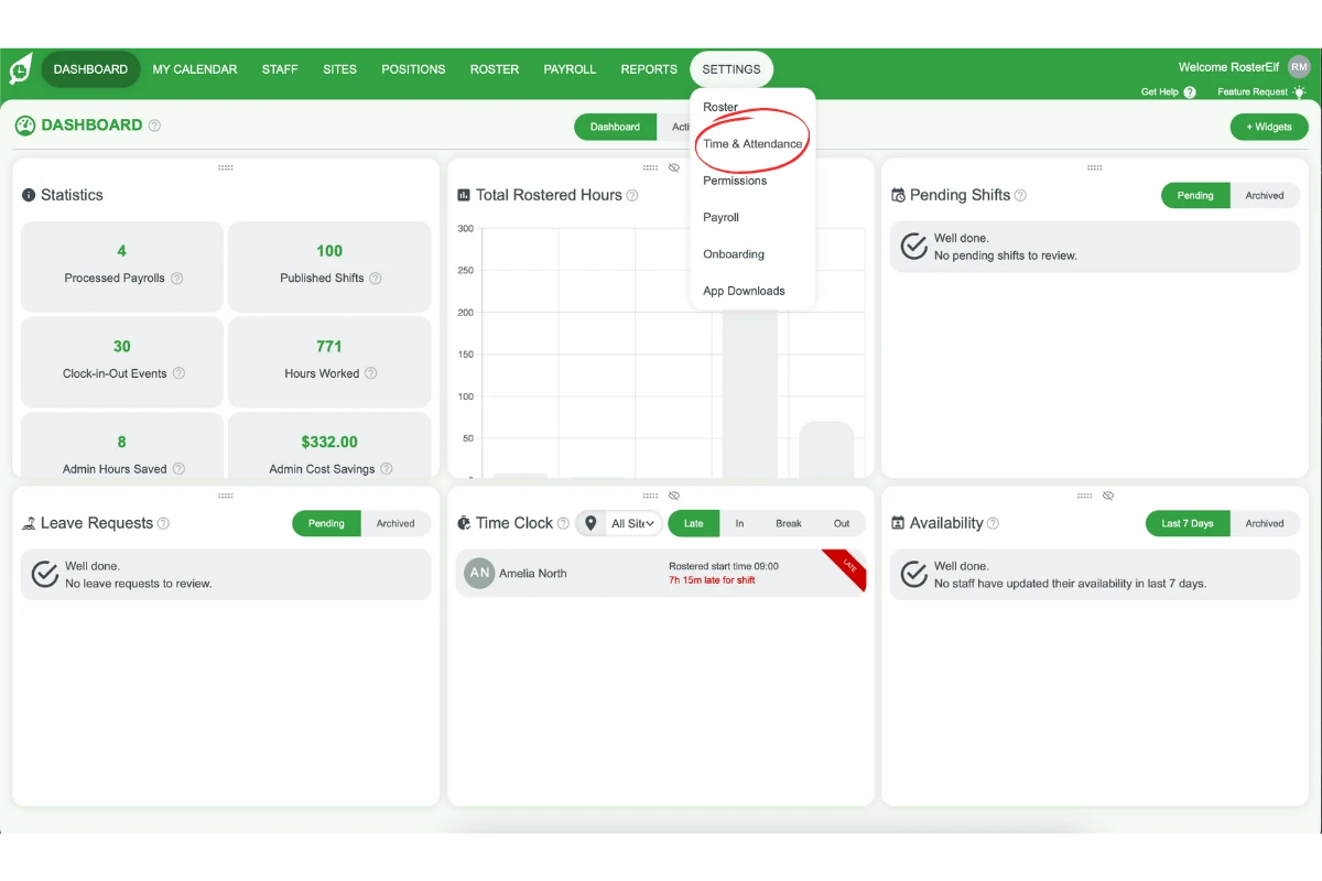 Selecting Time & Attendance from the dropdown menu in RosterElf