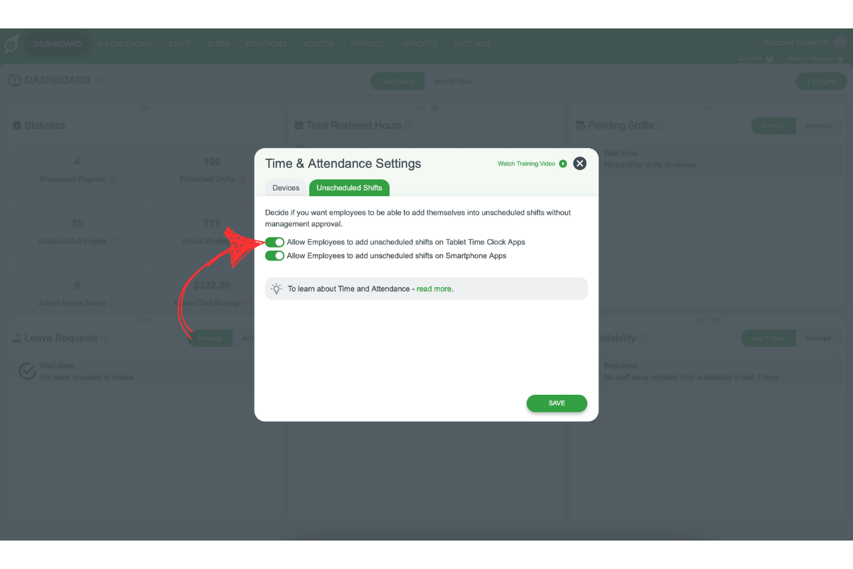 Toggle to allow employees to add unscheduled shifts on tablet time clock apps