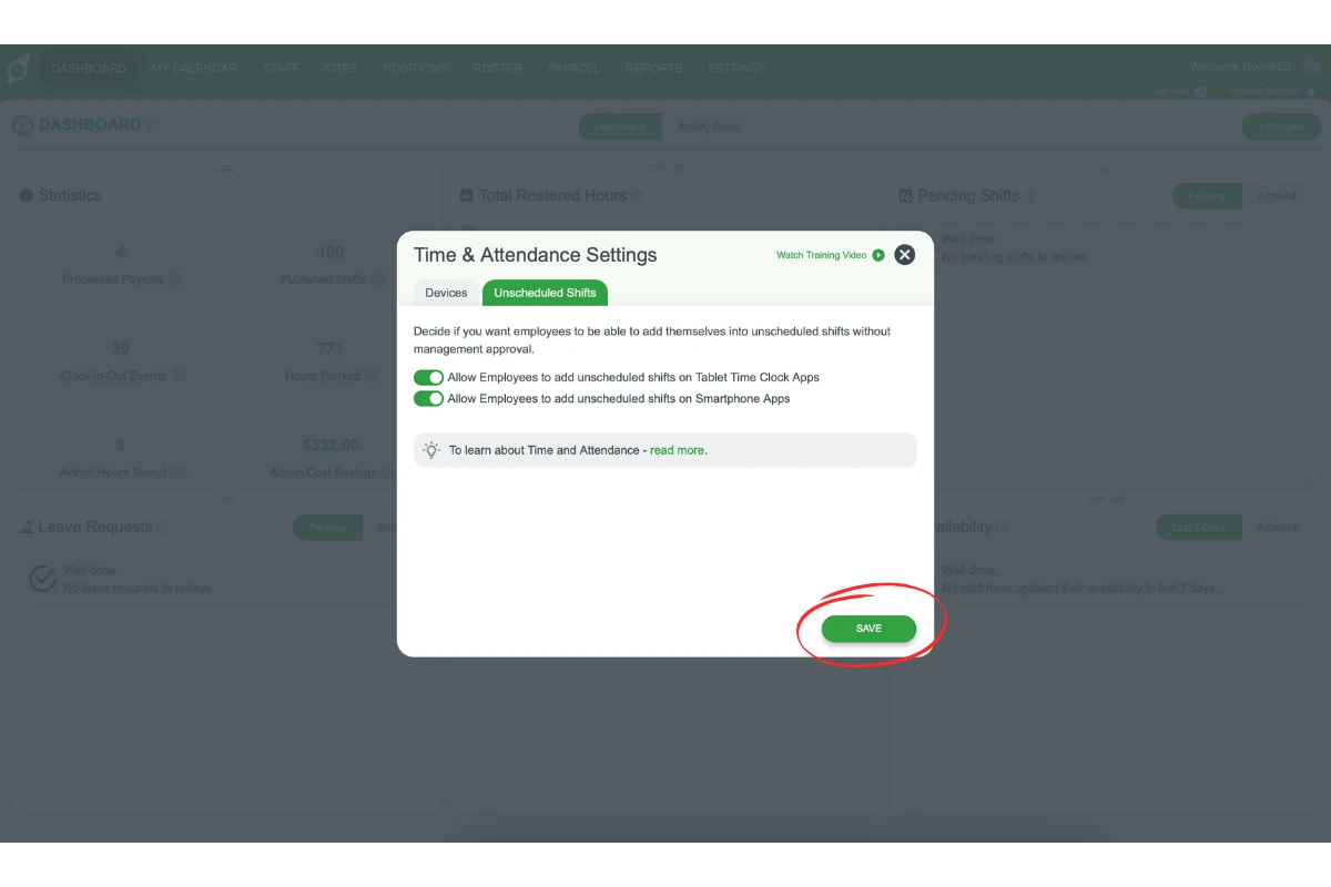 Save button in the Time & Attendance settings pop-up