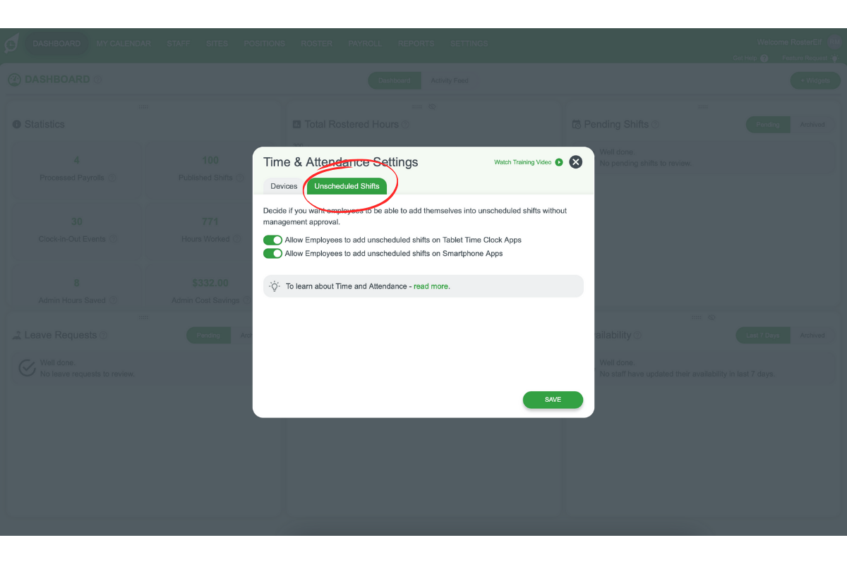 Selecting Unscheduled Shifts from the top menu in Time & Attendance pop-up