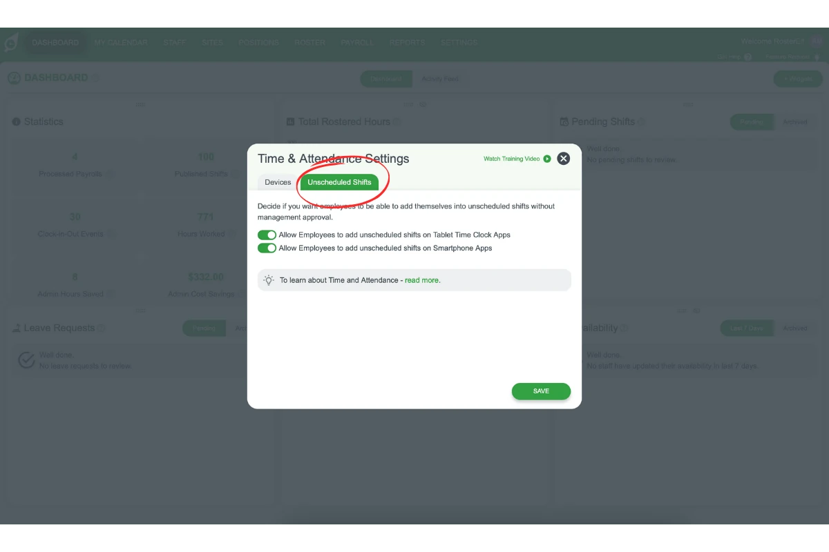 Selecting Unscheduled Shifts from the top menu in Time & Attendance pop-up