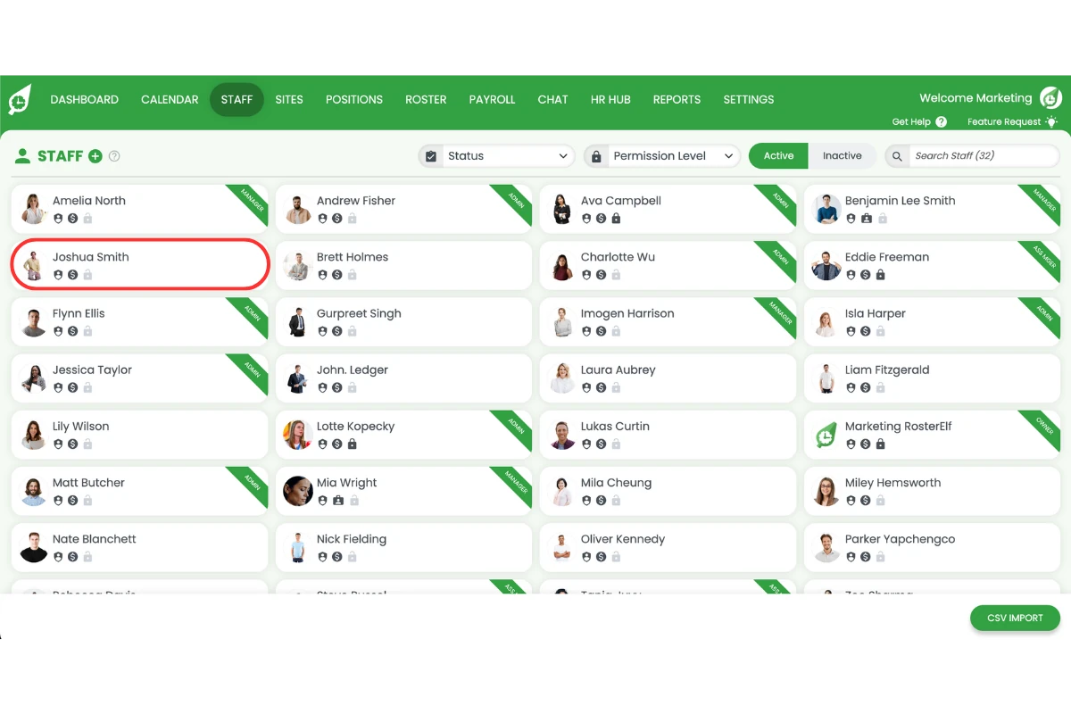 RosterElf Staff tab with the employee that has the name mismatch selected