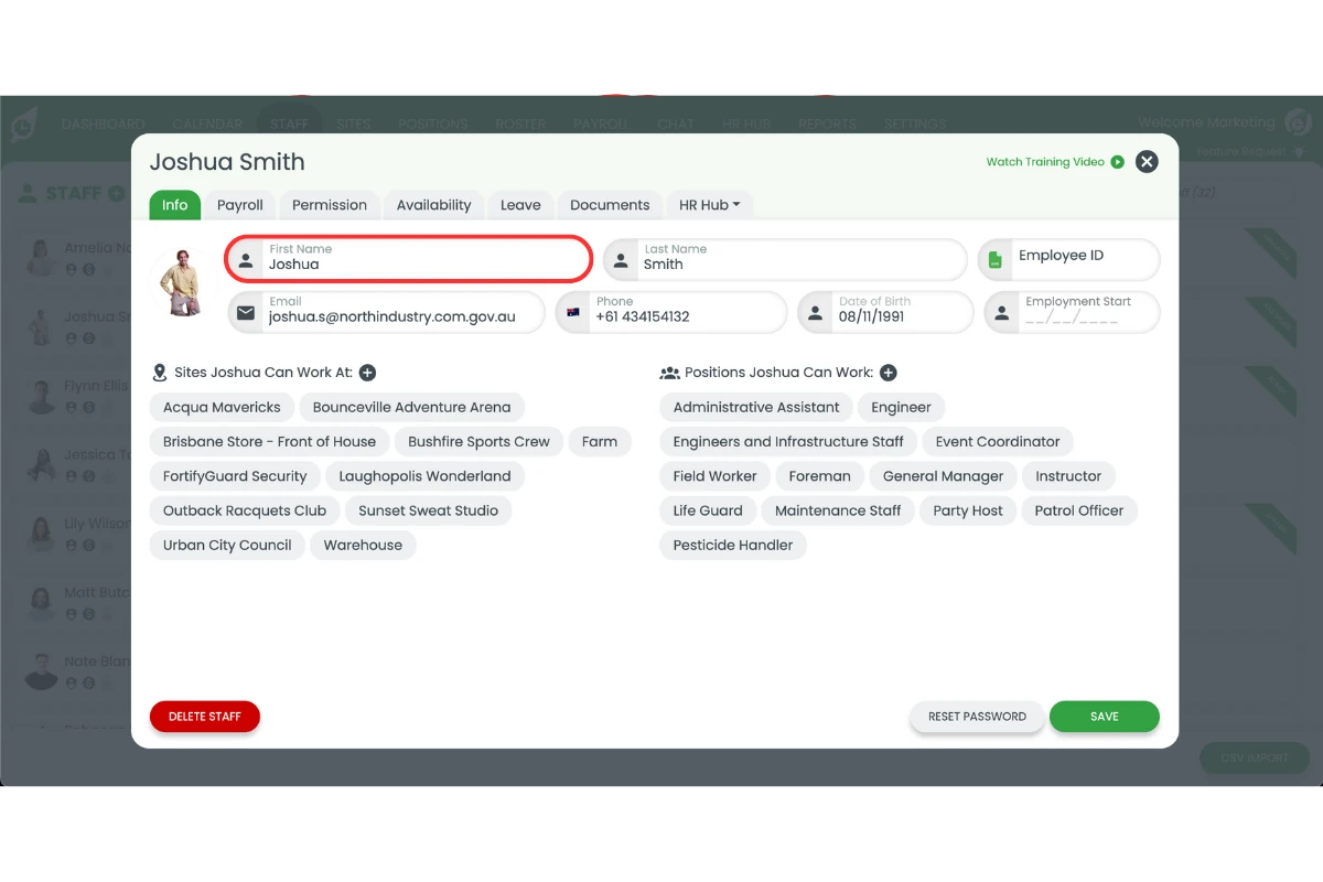 RosterElf staff profile name field updated to match the MYOB formatting exactly