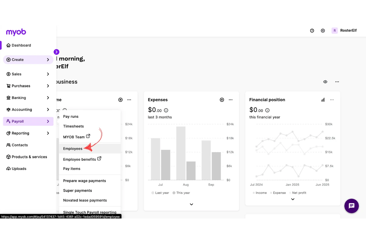 MYOB My Business Payroll menu with the Employees option selected