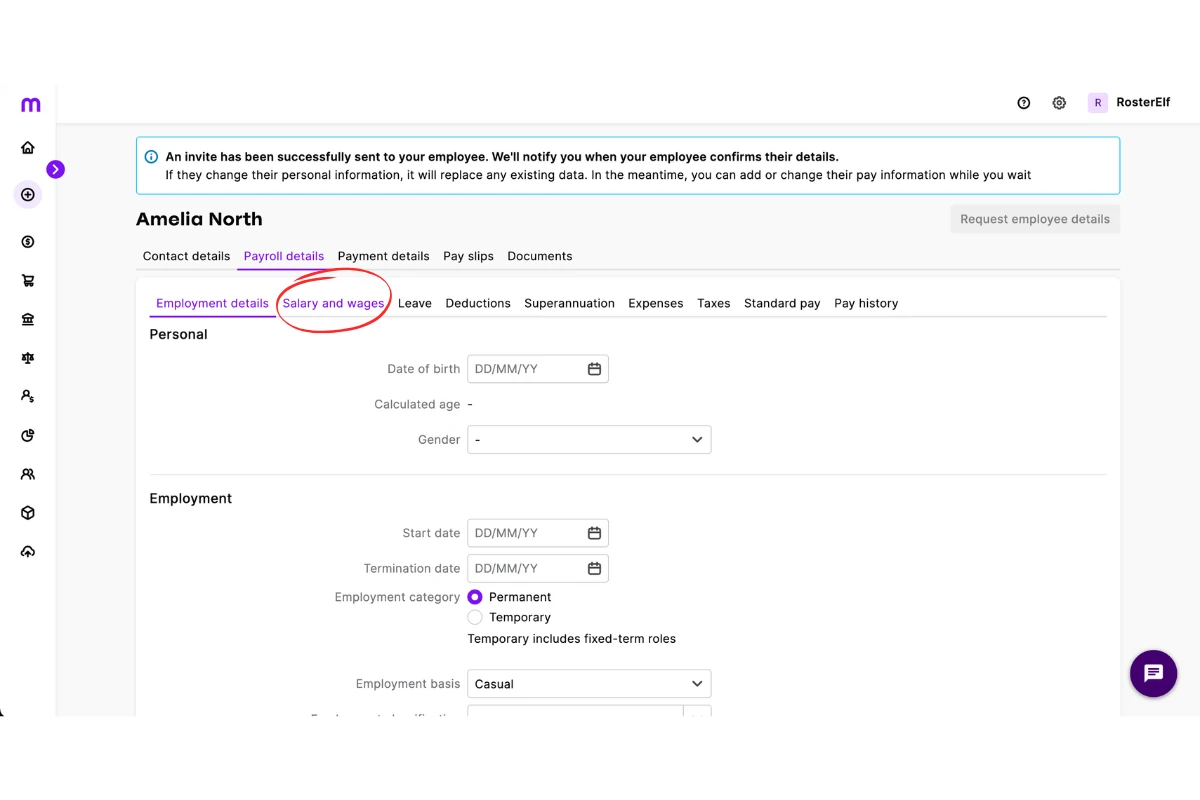 MYOB My Business Salary and wages section within the employee payroll details
