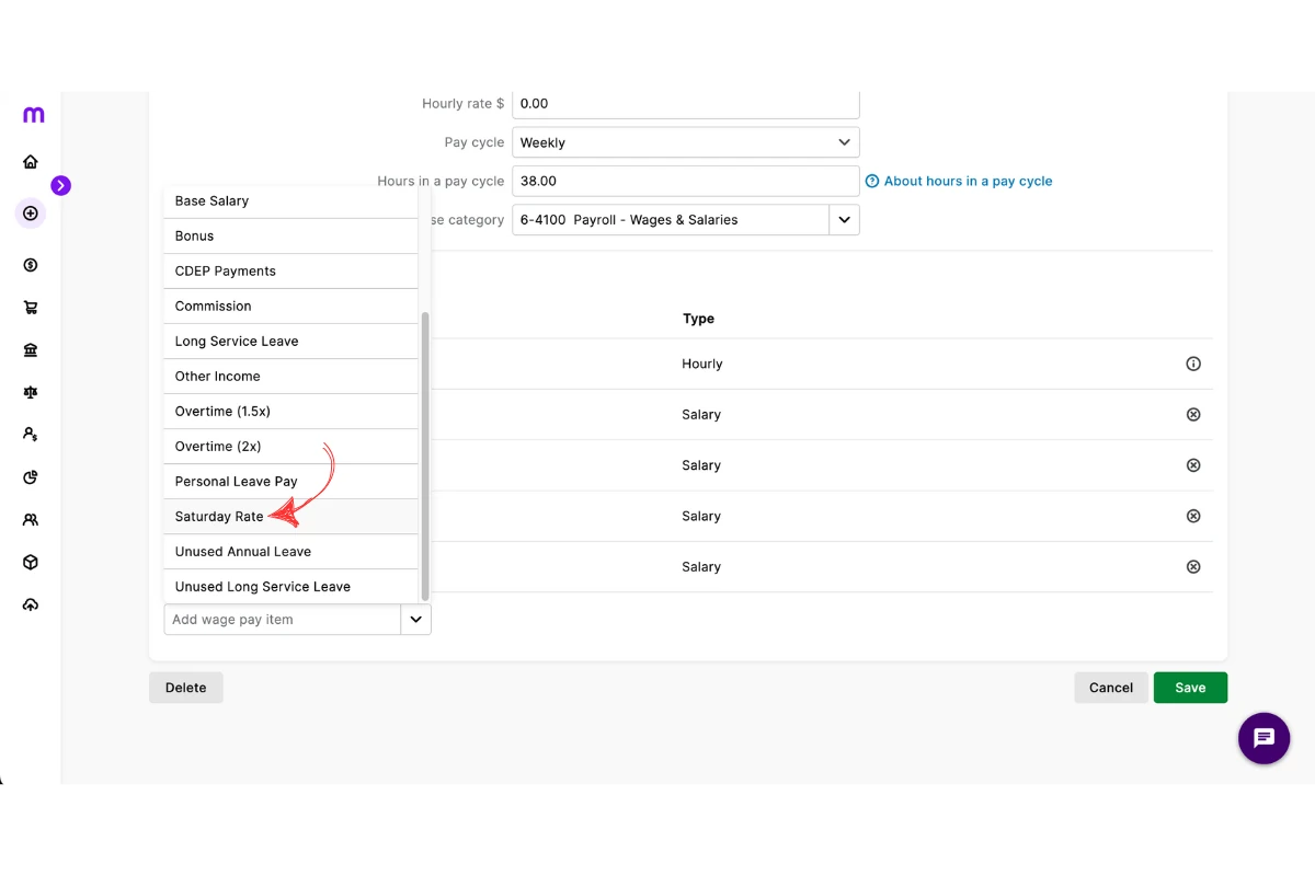 MYOB My Business pay settings screen