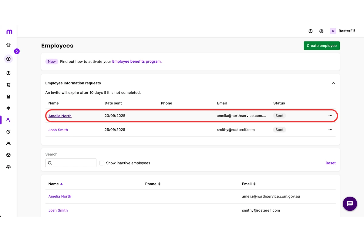 MYOB My Business employee list with the affected employee selected