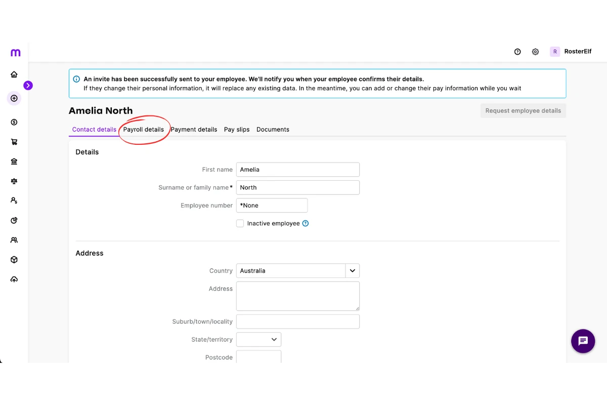 MYOB My Business Payroll details tab open on the employee record