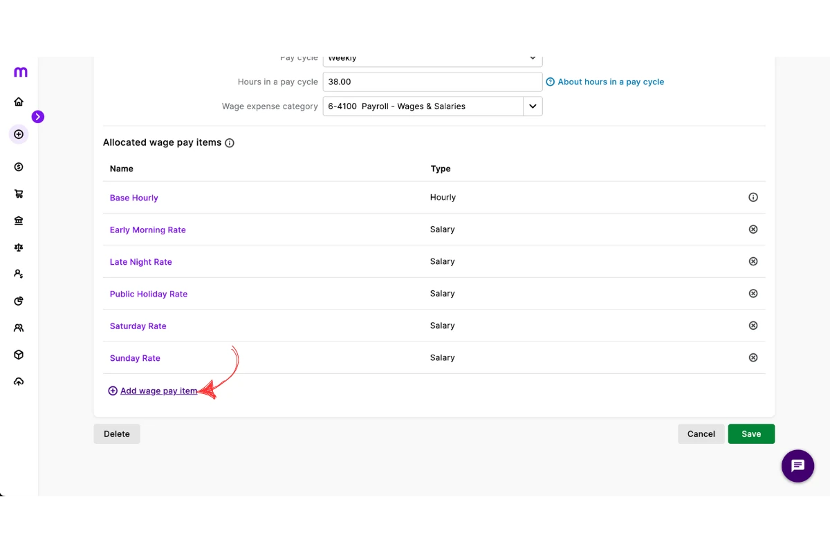MYOB My Business Add a wage pay item button in the Salary and wages section