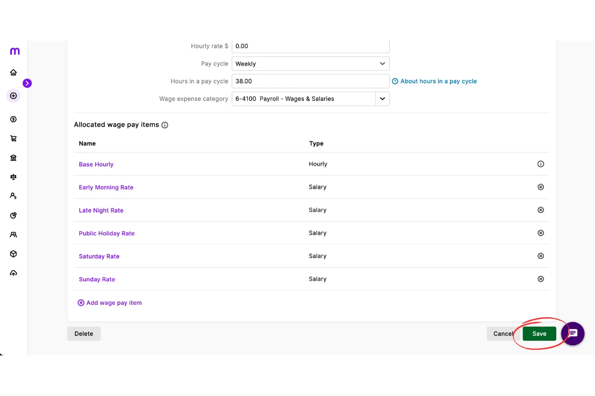 Save button in MYOB My Business to confirm the newly linked pay item