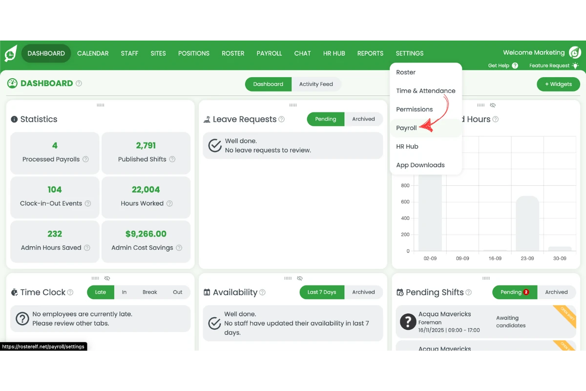 Payroll settings screen in RosterElf