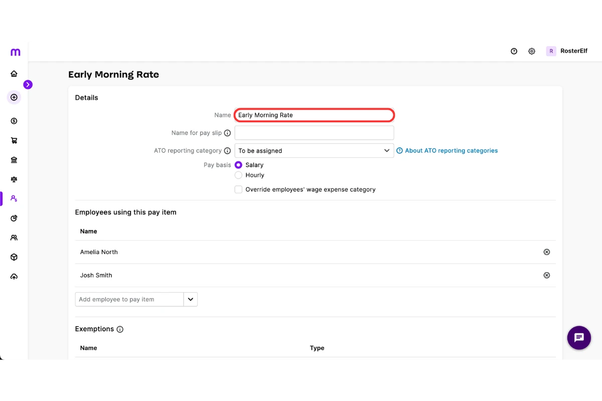 MYOB pay-item name copied into the RosterElf rule name field