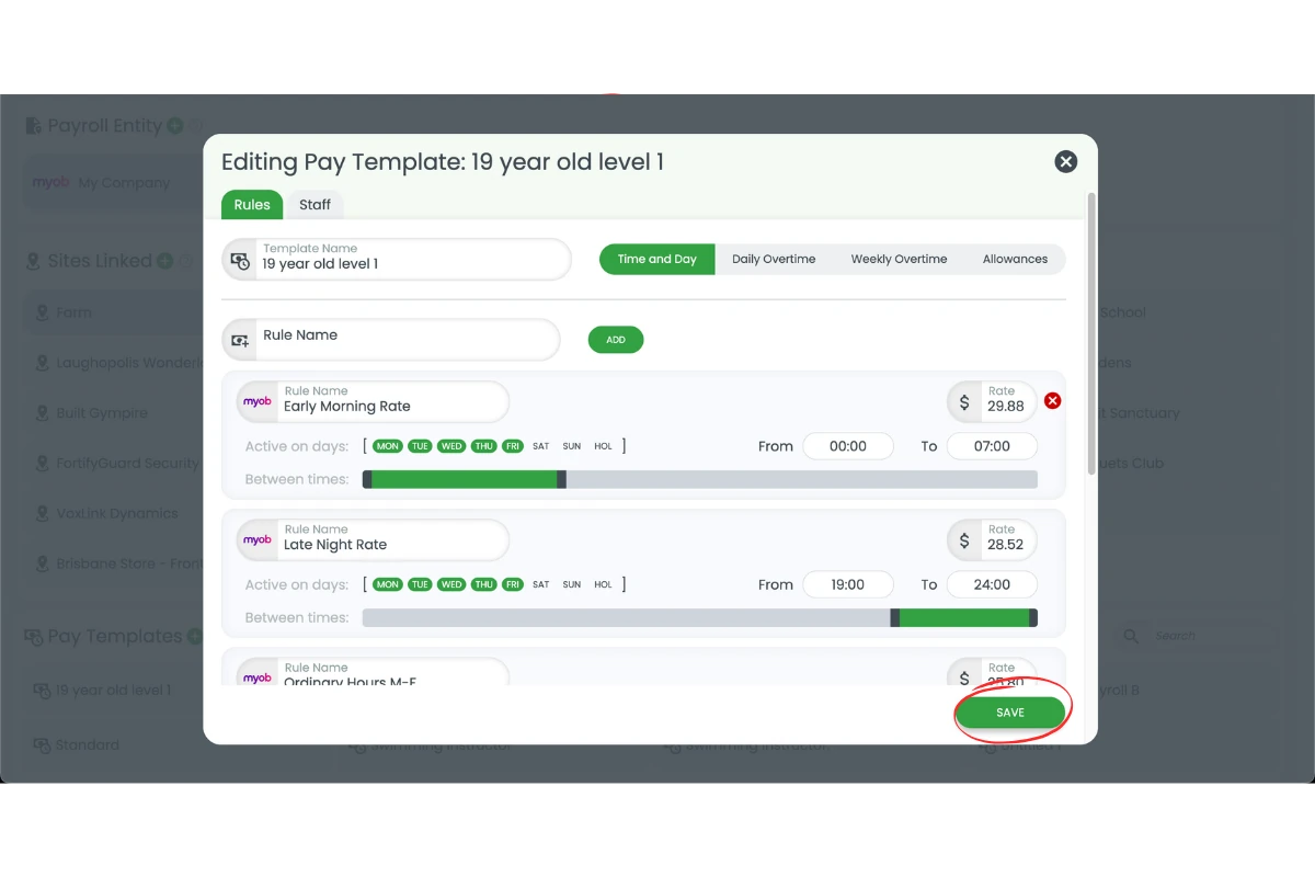 RosterElf pay rule with the Save button after renaming
