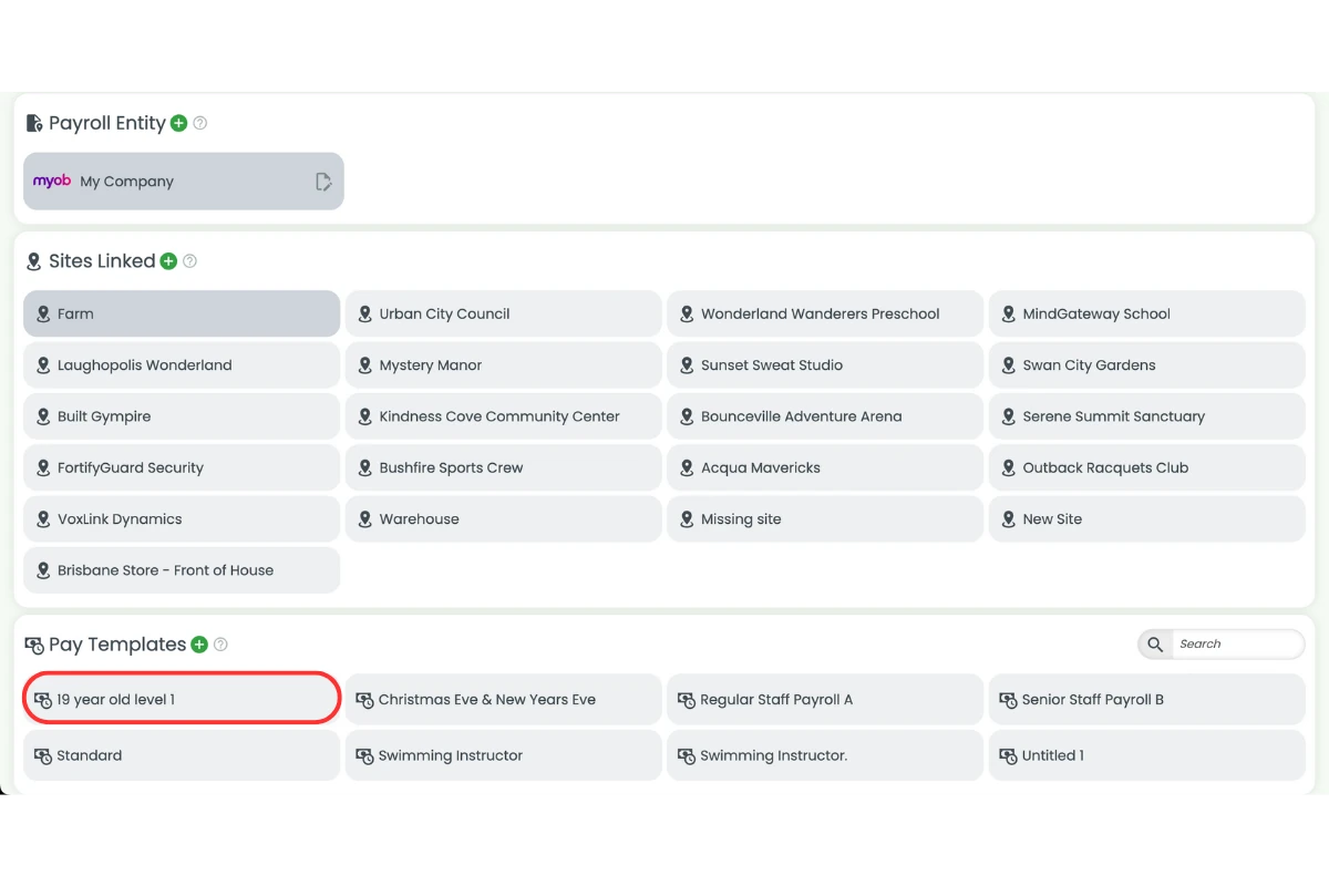 RosterElf payroll settings with the pay template opened for editing