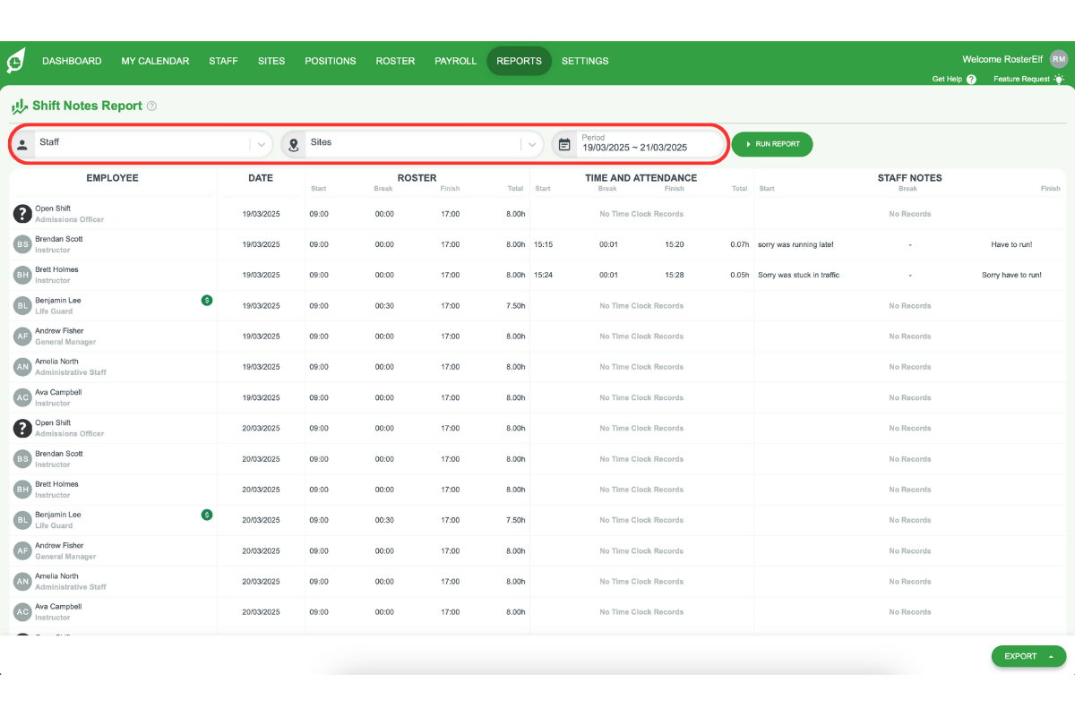 Screenshot showing filter options for staff, sites, and period
