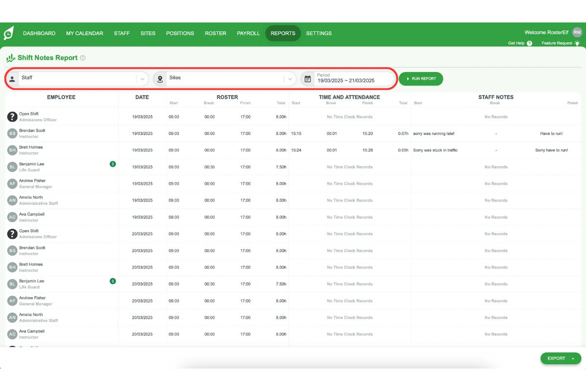 Screenshot showing filter options for staff, sites, and period