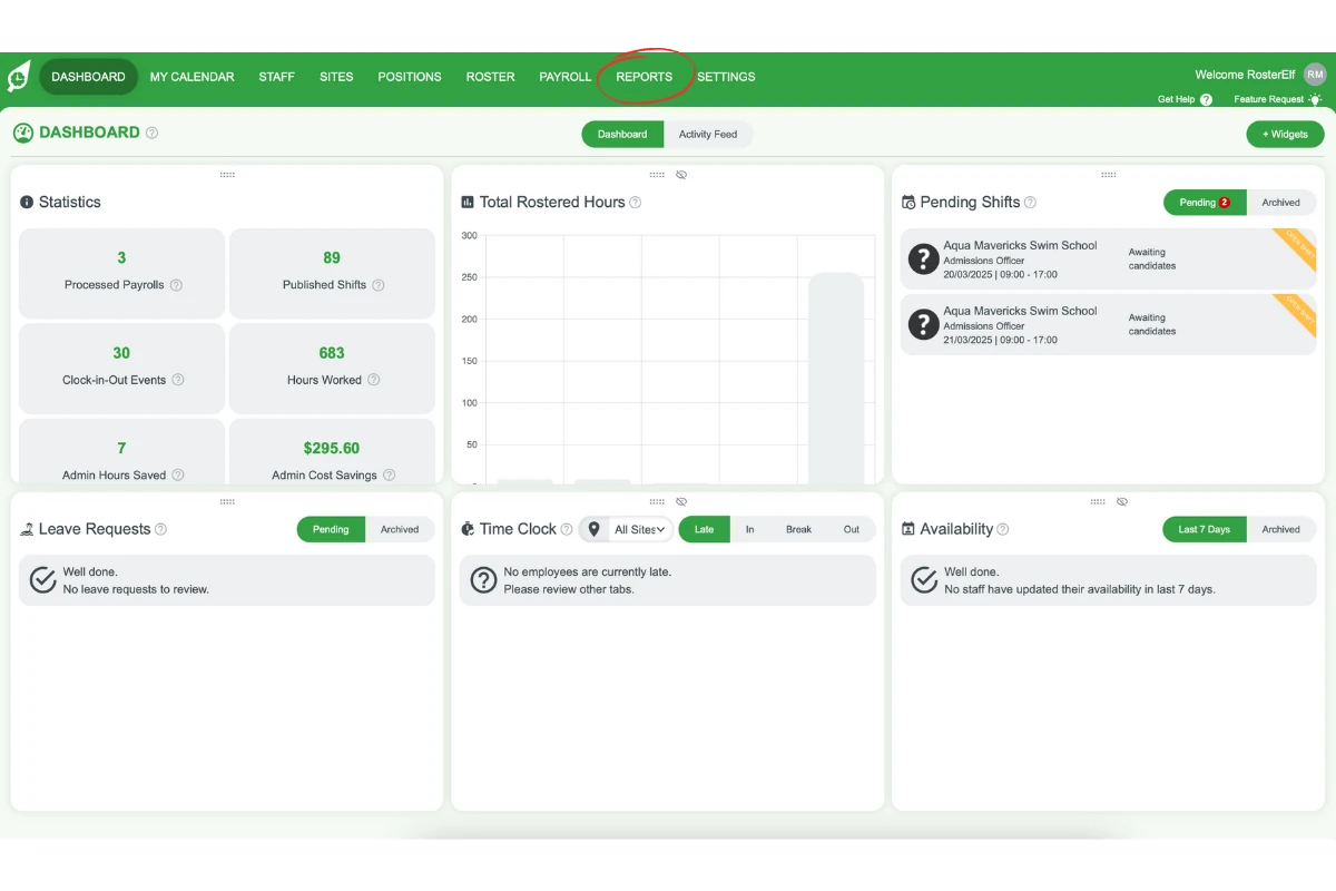Screenshot showing the Reports option in the top page menu