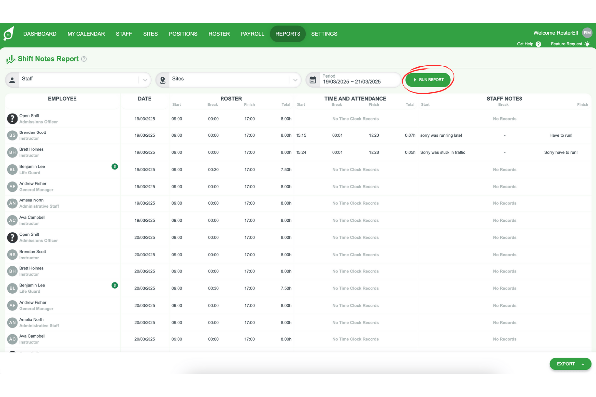 Screenshot highlighting the Run Report button