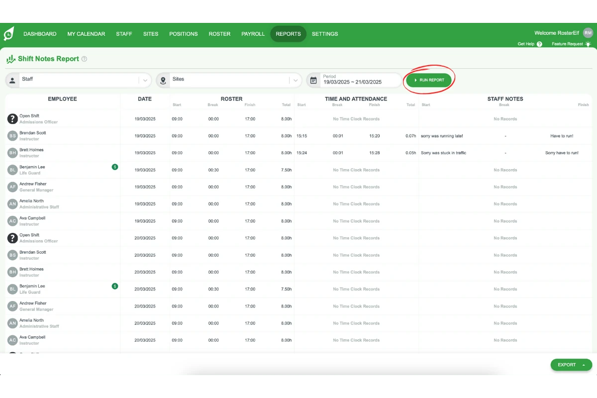 Screenshot highlighting the Run Report button