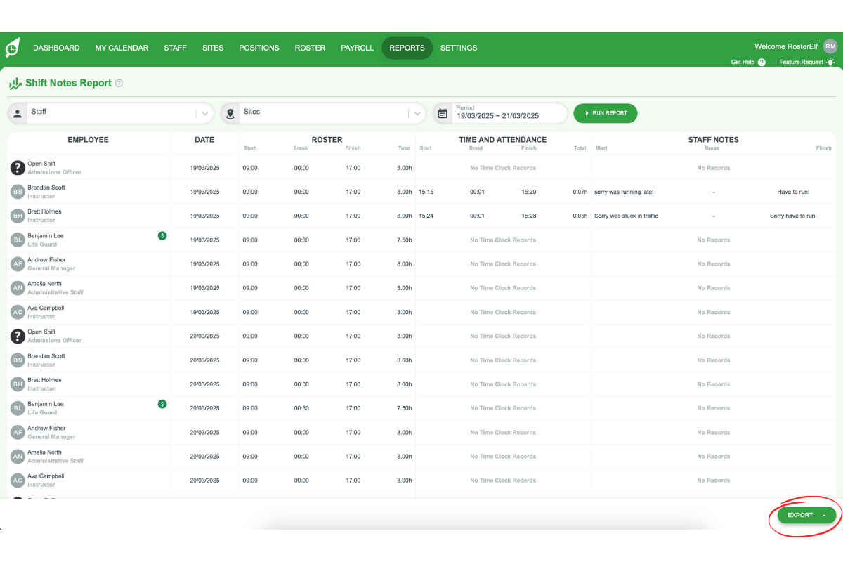 Screenshot showing the Export button in the bottom-right corner