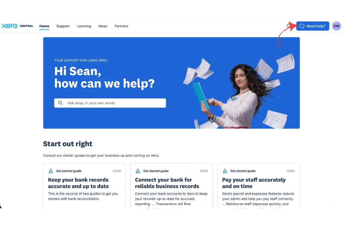Xero Central homepage with an arrow pointing to the blue Need help button in the top-right corner