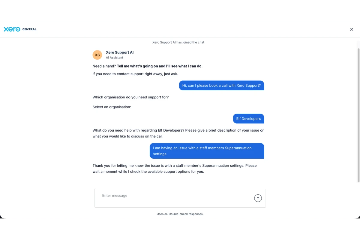 Xero Support AI chat conversation asking for help with a staff member's superannuation settings