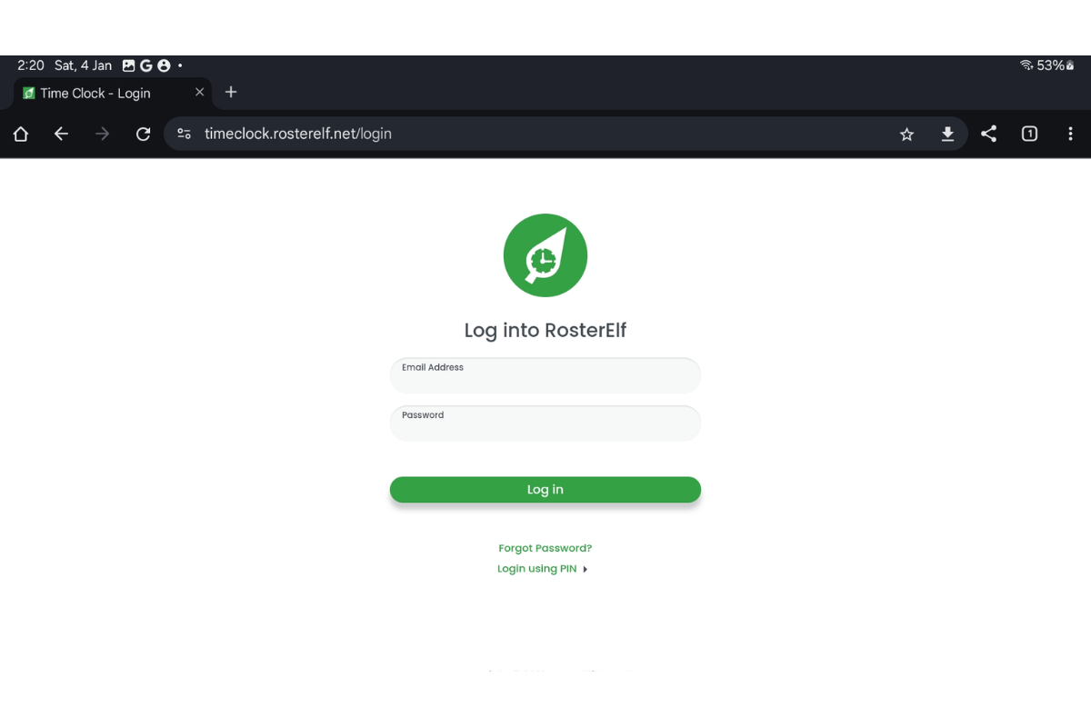 Screenshot of the Time Clock login page in Chrome on an Android tablet