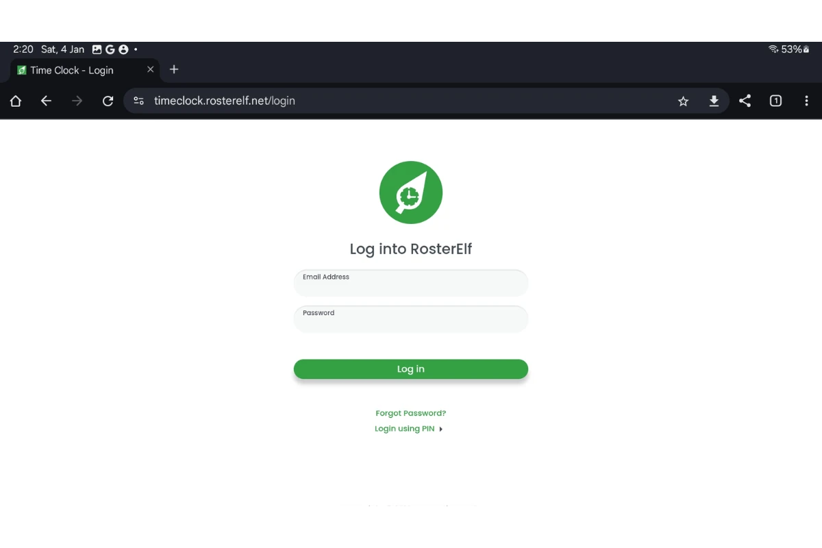Screenshot of the Time Clock login page in Chrome on an Android tablet