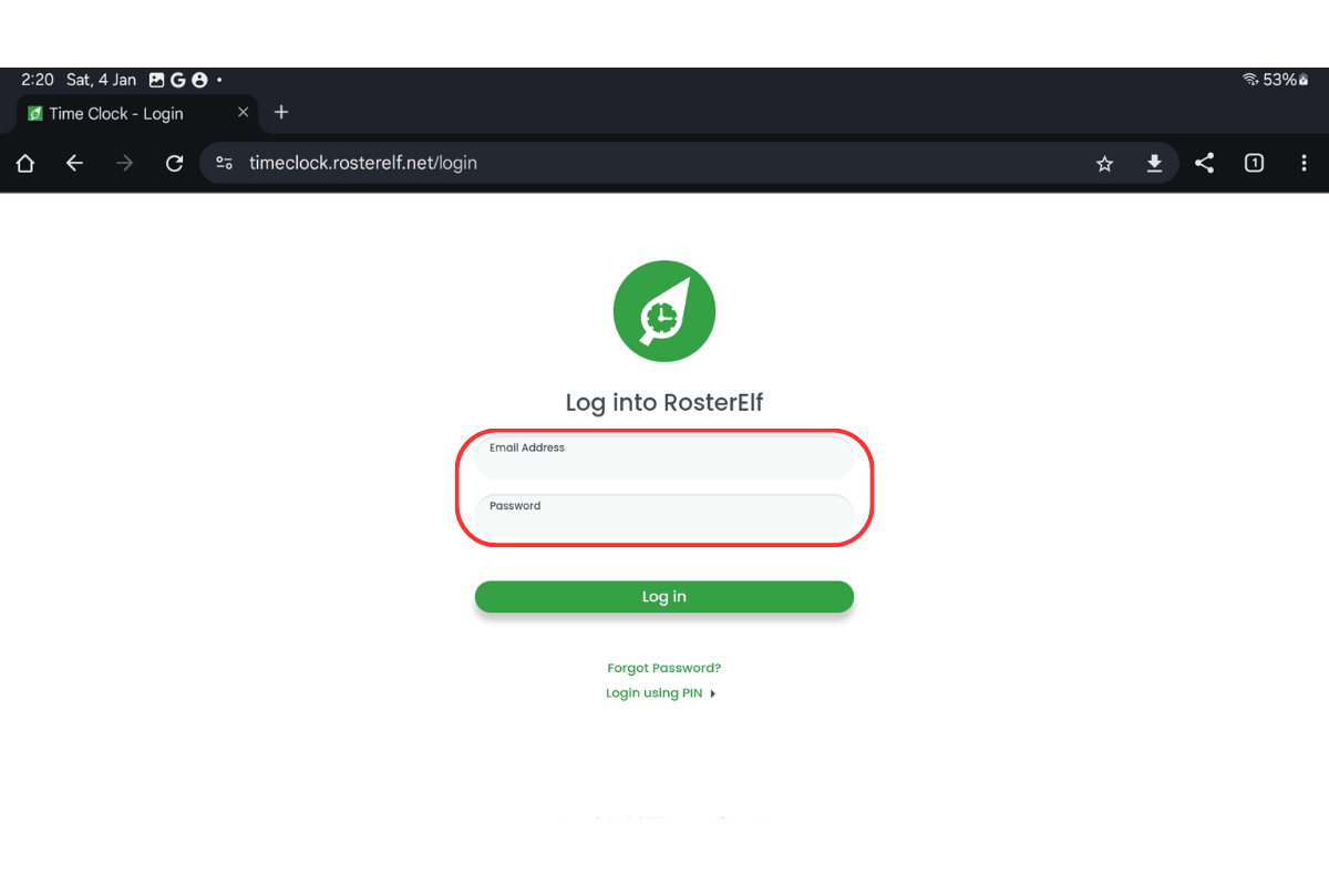 Screenshot indicating the admin login fields on the Time Clock page