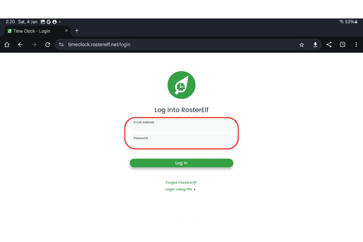 Screenshot indicating the admin login fields on the Time Clock page